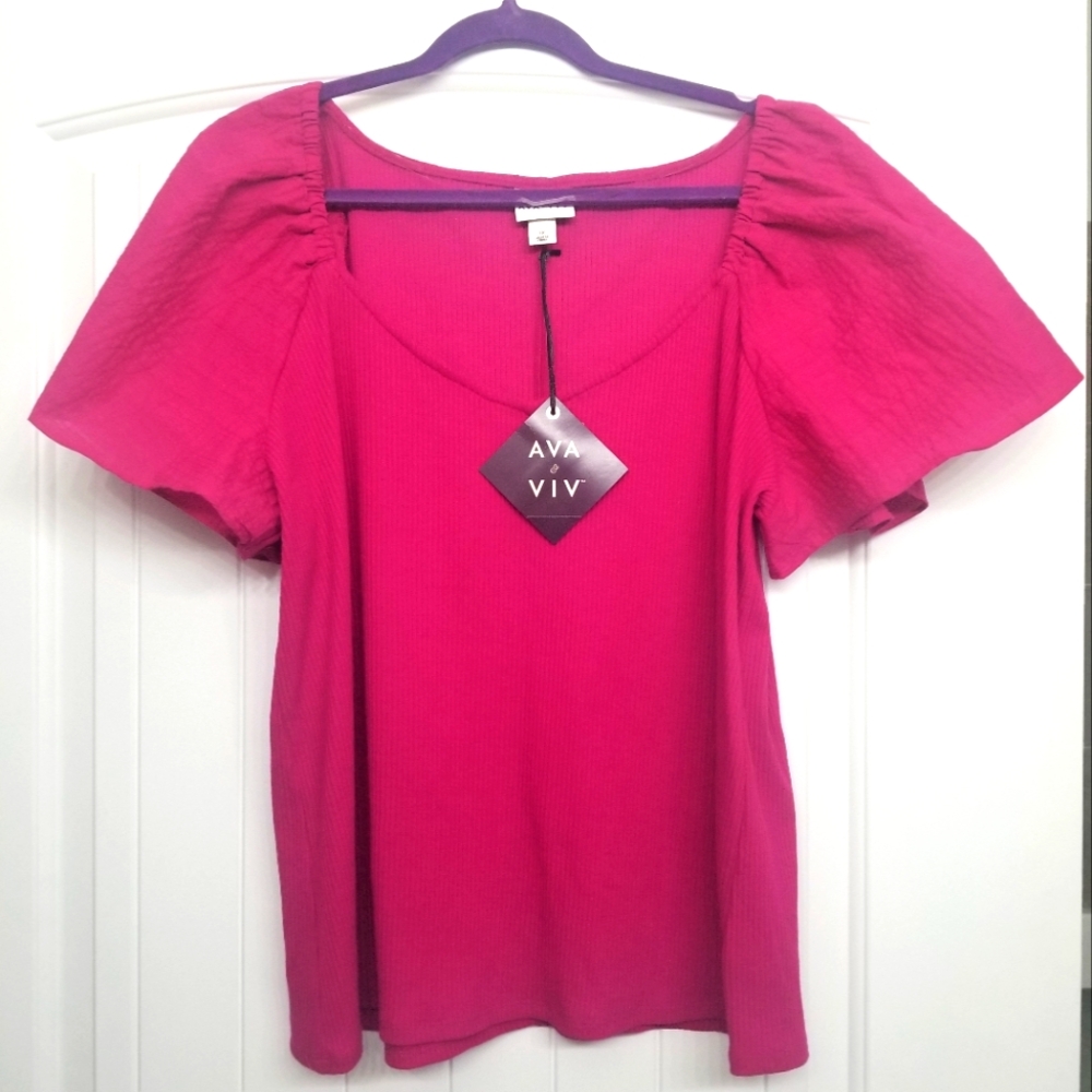 Ava & Viv 1X Hot Pink Stretch Top w/ Flutter Short Sleeves